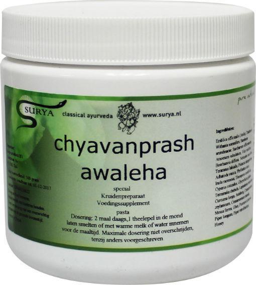 Surya Chyavanprash Awaleha 500g herbal supplement jar with label and spoon for serving, natural health remedy in a glass jar