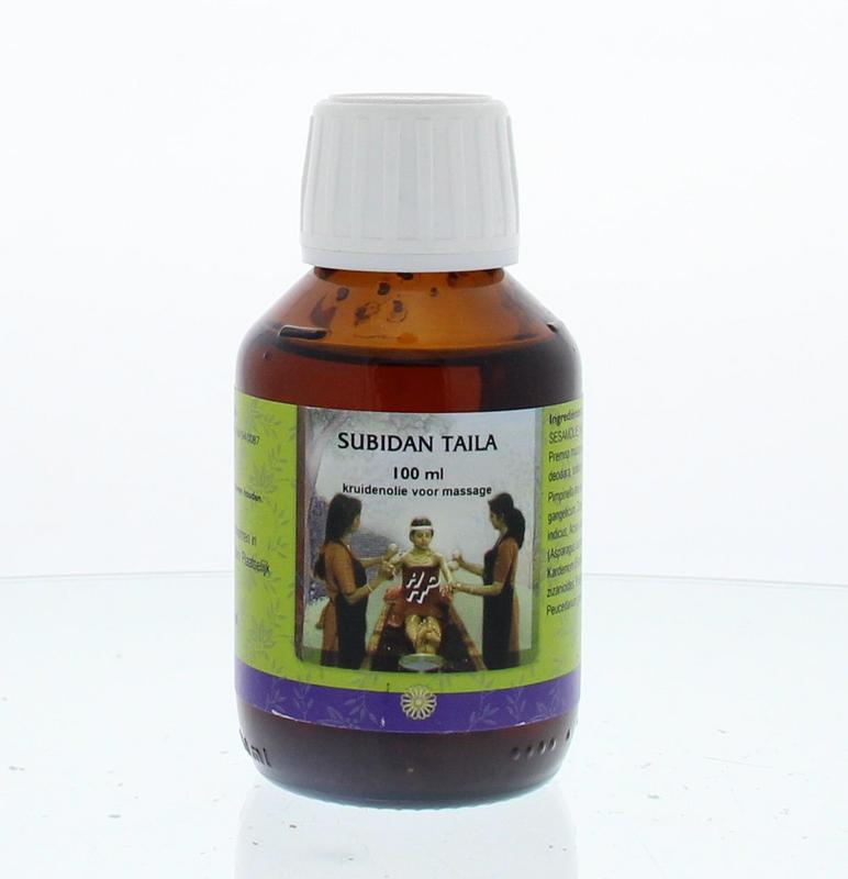 Holisan Subidan body oil in a 100ml bottle, natural skincare product for body care and nourishment, with a clear label.