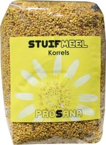 Prosana Stuifmeel korrels 1 kg, herbal supplement in a clear container, showing golden pollen grains for natural health support.