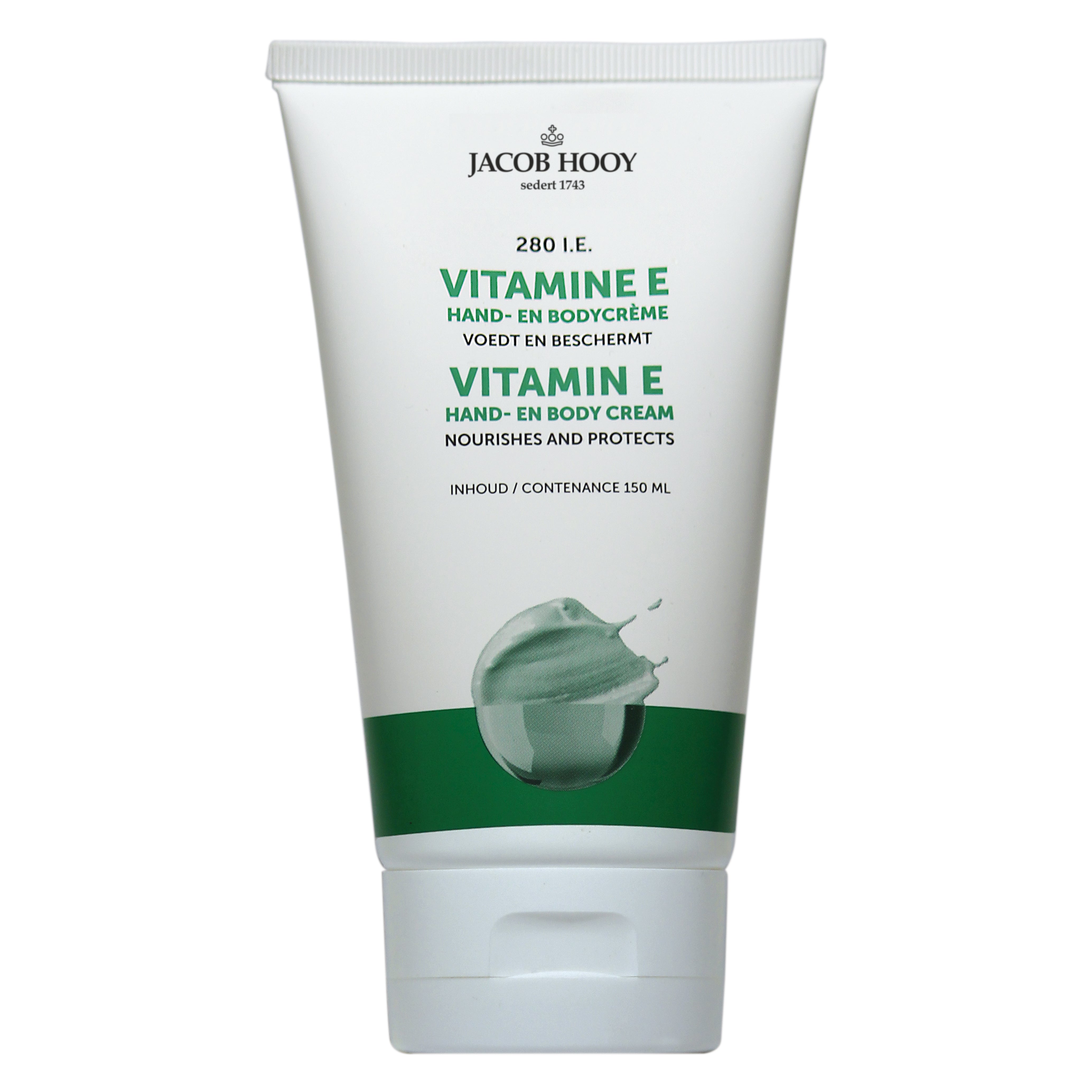 Jacob Hooy Vitamin E hand and body cream tube, 150ml, moisturizing skincare for hands and body in a white tube.