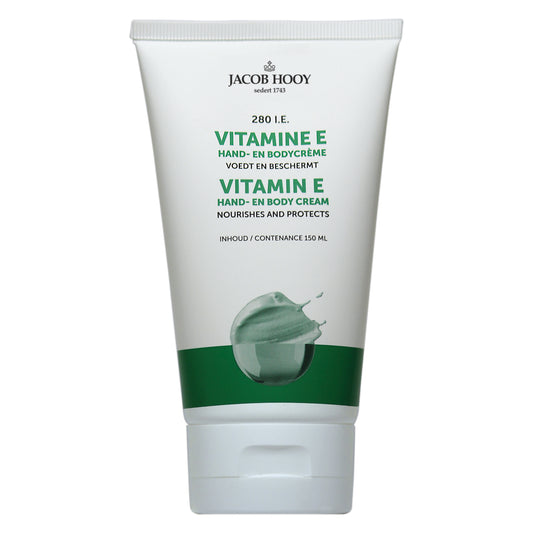 Jacob Hooy Vitamin E hand and body cream tube, 150ml, moisturizing skincare for hands and body in a white tube.