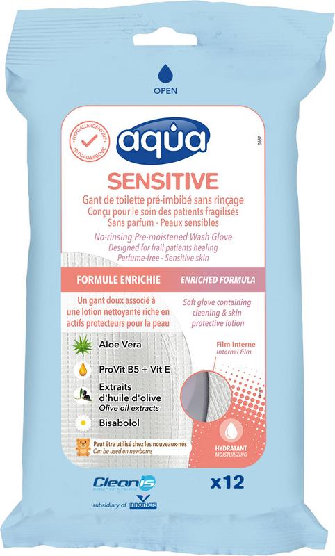 Aqua Sensitive Washandjes for bath and shower, 12-pack of soft, gentle towels shown in the image.