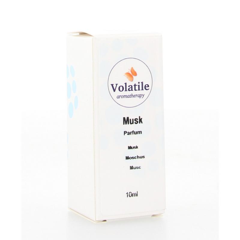 Volatile Musk parfum 10ml bottle, ethereal essential oil with a sleek glass container and minimalist design.