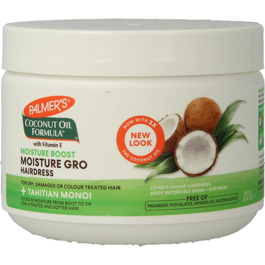 Palmers Coconut Oil Formula Moisture Gro Pot for hair care, 250 grams, with coconut oil for nourishing hair treatment.