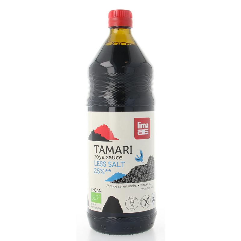 Lima Tamari soy sauce with 25% less salt in a 1-liter bottle, organic, natural flavor, for cooking and seasoning.