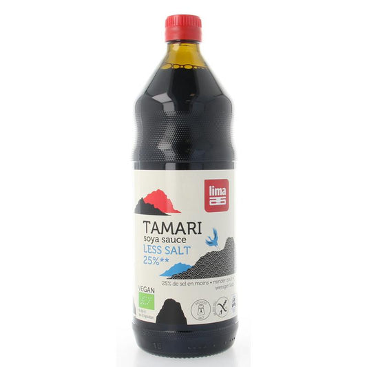 Lima Tamari soy sauce with 25% less salt in a 1-liter bottle, organic, natural flavor, for cooking and seasoning.