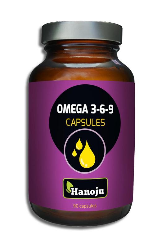 Hanoju Omega 3 6 9 Vetzuren capsules in a bottle, showing 90 softgel capsules for supporting heart and brain health.