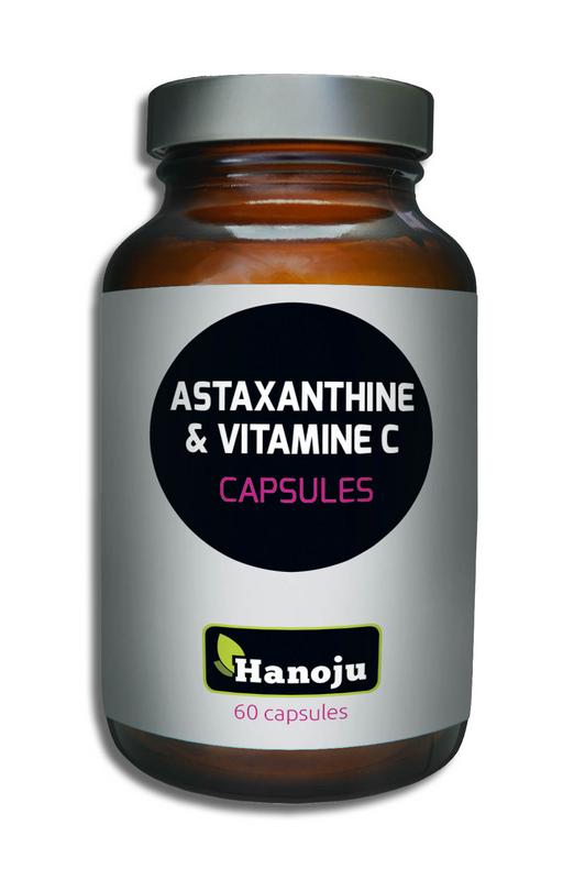 Hanoju Astaxanthine and vitamin C multivitamin capsules in a clear bottle, showing 60 capsules inside.