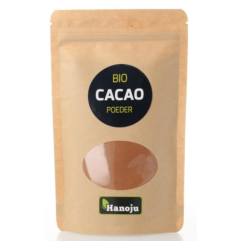Hanoju organic cacao powder in a 150g package, raw superfood with rich cocoa color and natural texture.