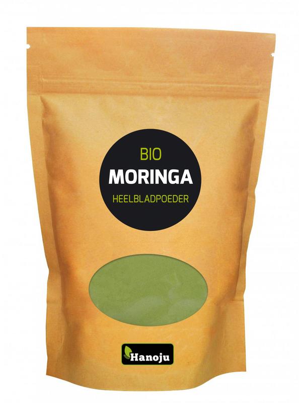 Hanoju Bio moringa powder in a 250g package, natural green powder used as herbal supplement.