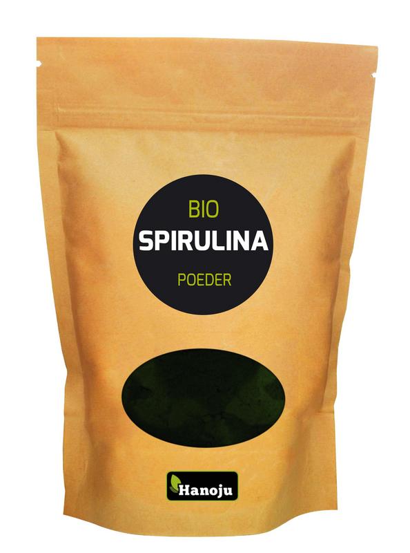 Hanoju organic spirulina powder in a 250g bag, vibrant green superfood for smoothies and health supplements.