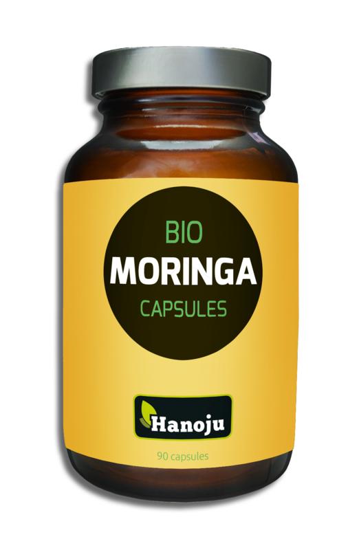 Hanoju Bio Moringa capsules, herbal supplement in a bottle with 90 capsules, natural product for health and wellness.