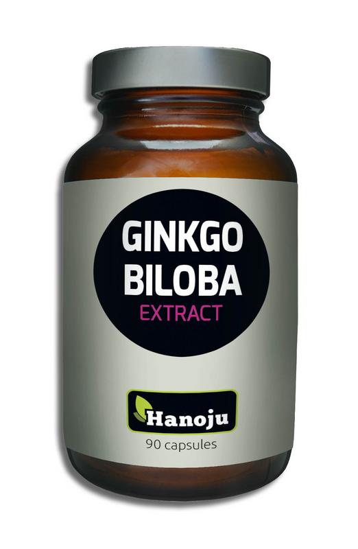 Hanoju Ginkgo biloba extract capsules in a bottle, herbal supplement for cognitive support, on a white background.