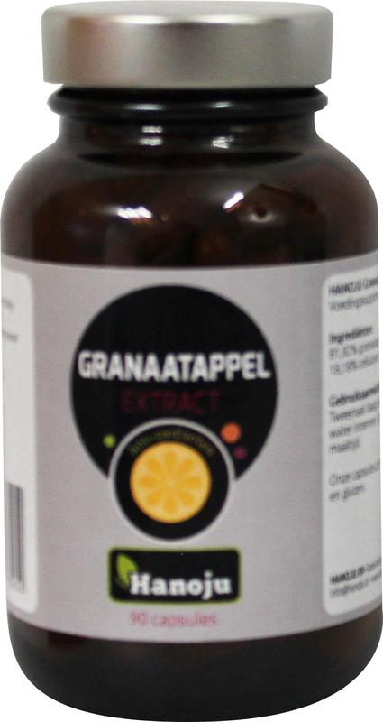 Hanoju Granaatappel extract 550mg capsules in a bottle, herbal supplement for health and wellness.