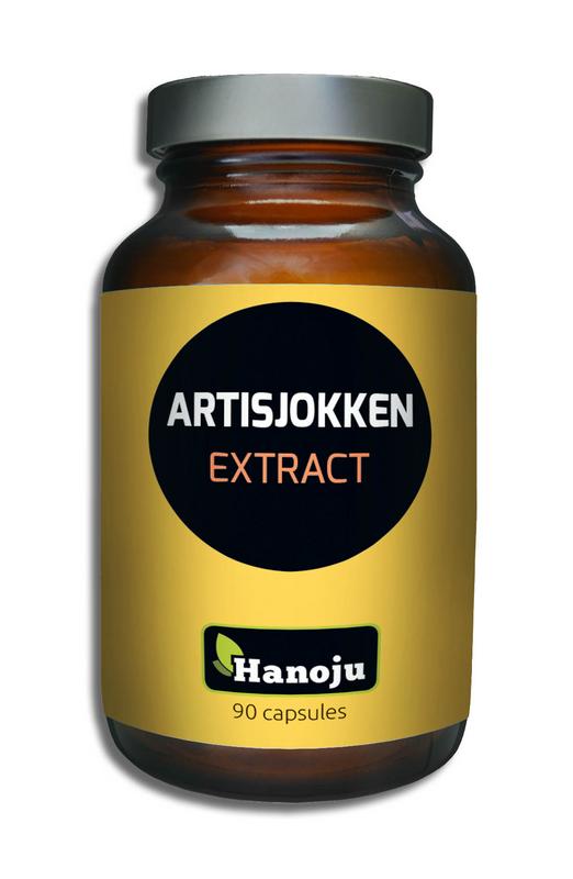 Hanoju Artisjokken extract vegetarian capsules, herbal supplement in a clear bottle with capsule capsules visible inside