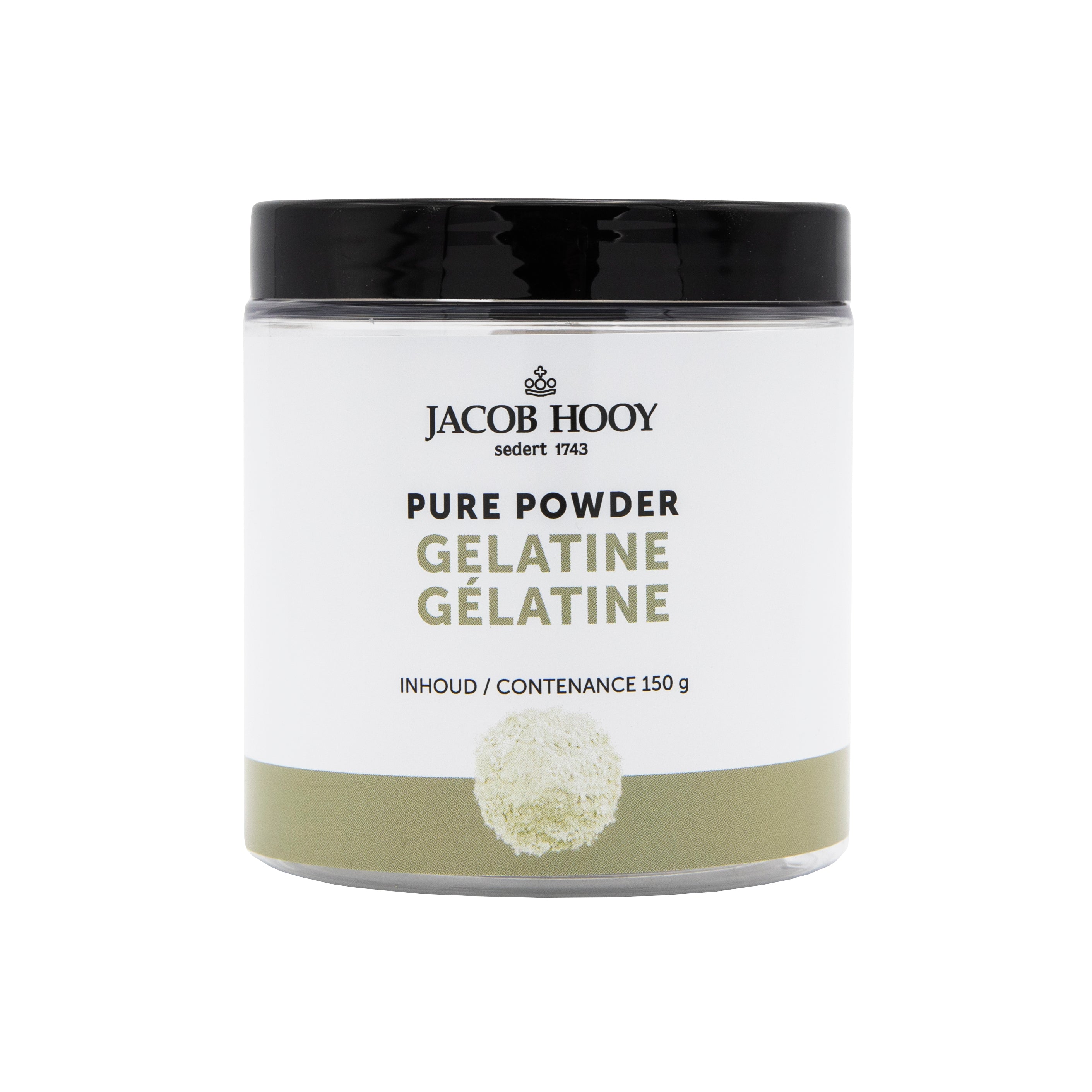Jacob Hooy Pure Powder Gelatine 150g, natural sport nutrition supplement with clear gelatine powder in a resealable bag.