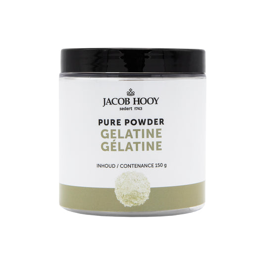 Jacob Hooy Pure Powder Gelatine 150g, natural sport nutrition supplement with clear gelatine powder in a resealable bag.