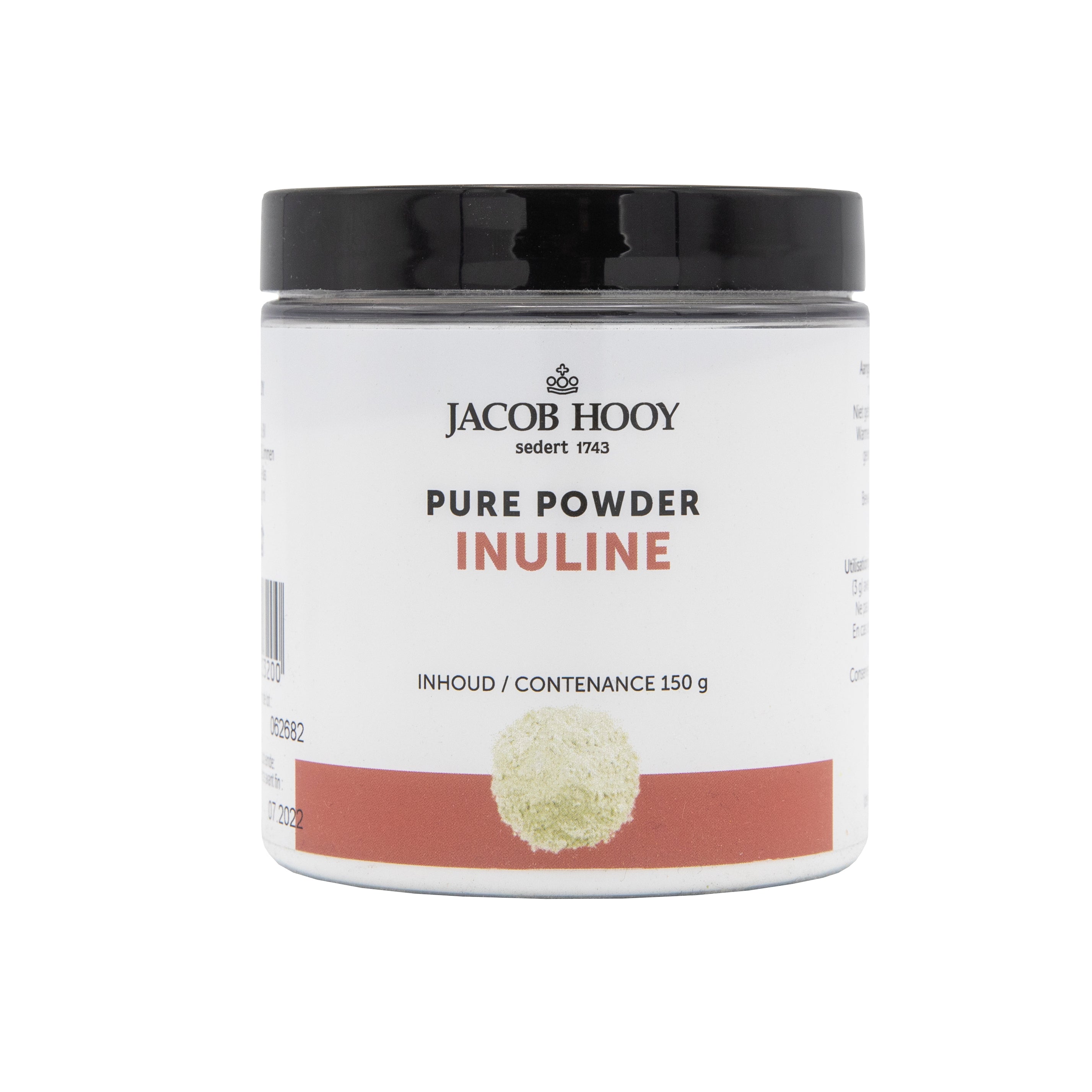 Jar of Jacob Hooy Pure Inuline Powder, a raw superfood supplement, showing the label and powder inside.
