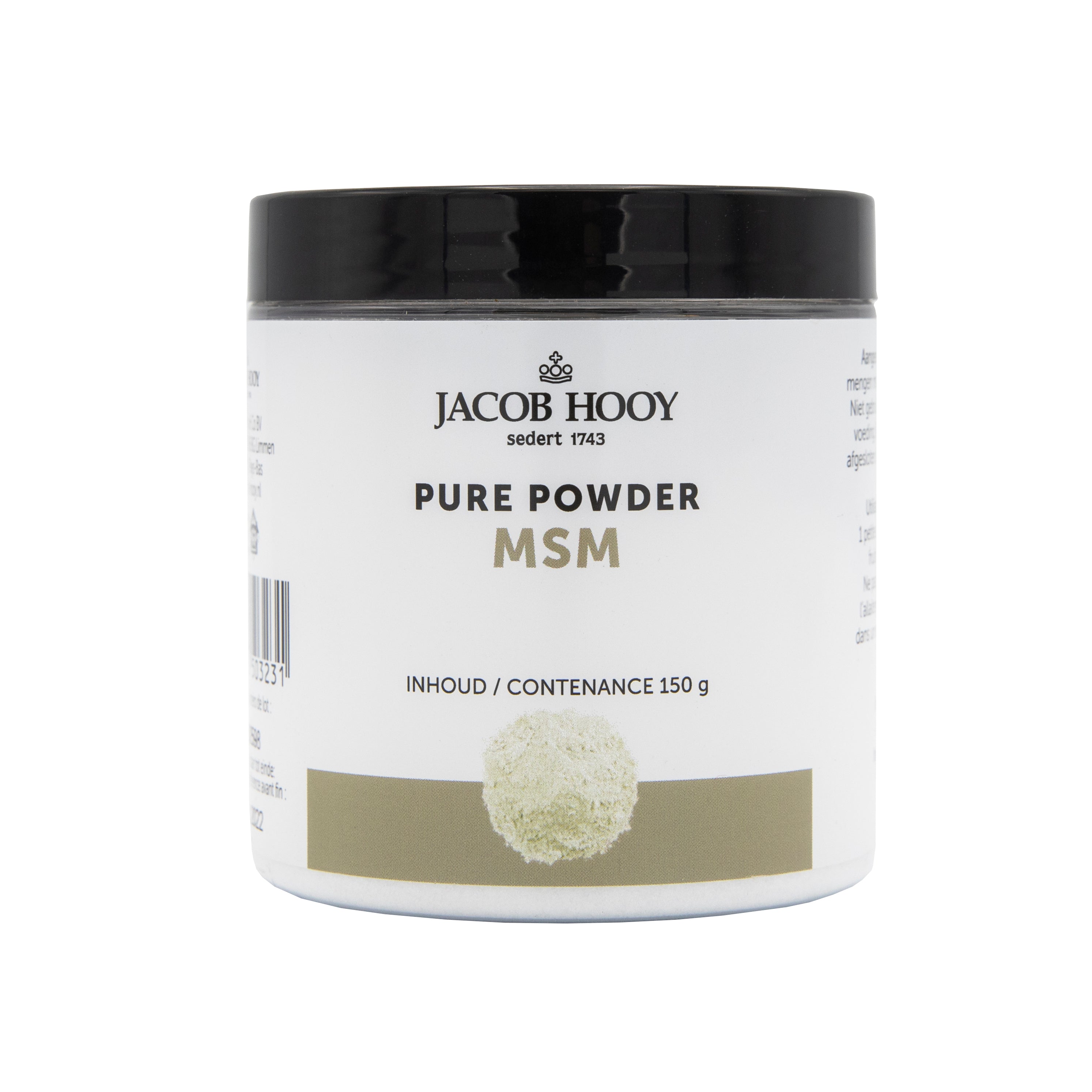 Jacob Hooy Pure Powder MSM 150g, raw superfood supplement in white powder form on a plain background.