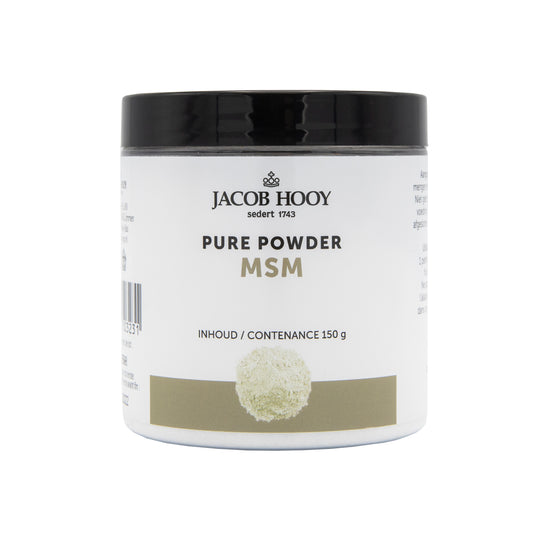 Jacob Hooy Pure Powder MSM 150g, raw superfood supplement in white powder form on a plain background.