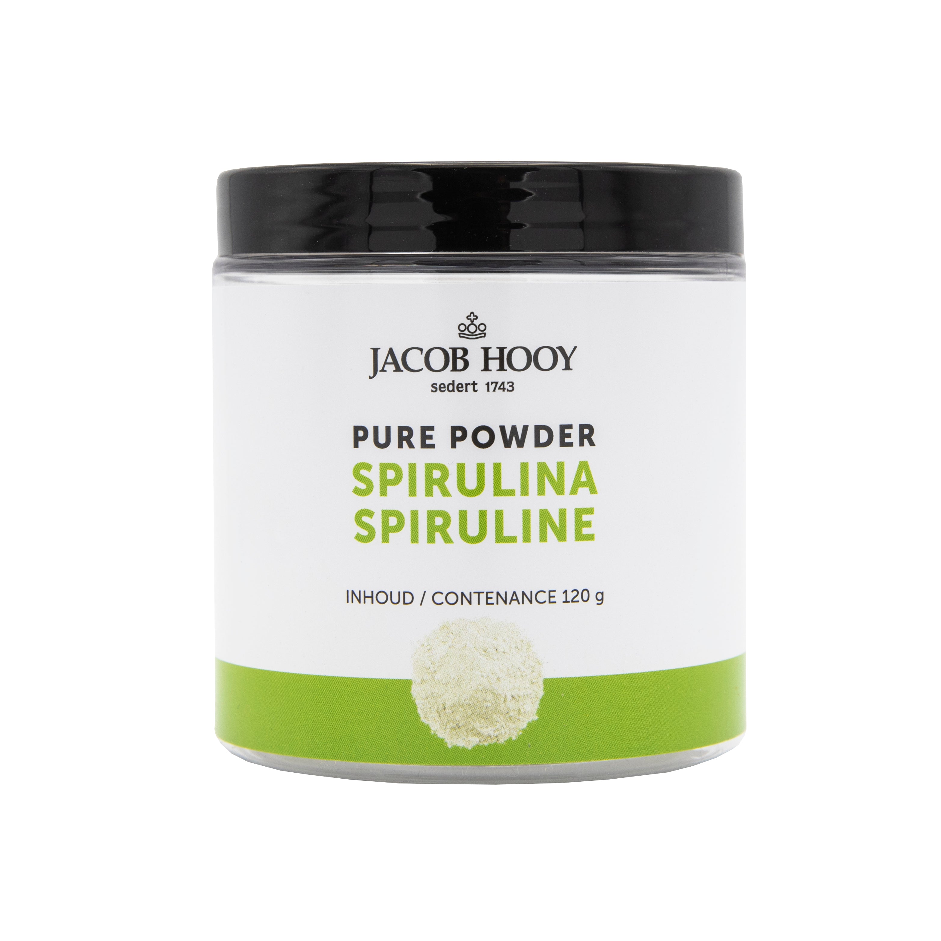 Jacob Hooy Pure Powder spirulina in 120g jar, natural green dietary supplement from herbal preparations.