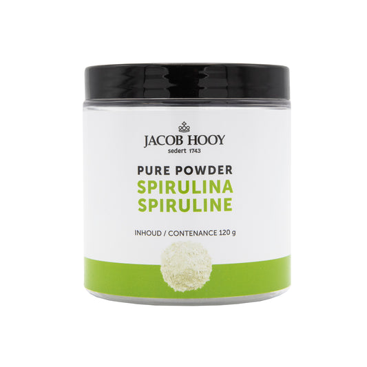 Jacob Hooy Pure Powder spirulina in 120g jar, natural green dietary supplement from herbal preparations.