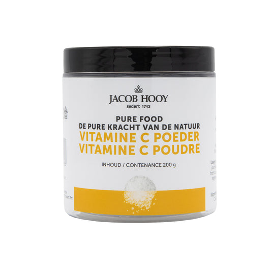 Jacob Hooy Pure Food Vitamin C powder in a 200g container, showing the label and product packaging.