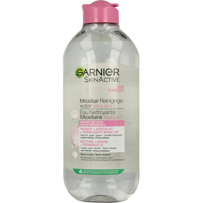 Garnier Skin Naturals micellar cleansing water 400ml in a clear bottle, suitable for facial skincare and makeup removal.