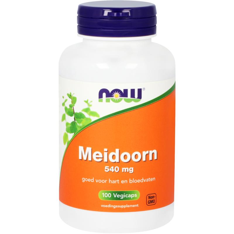 Vegetarische capsules van NOW Meidoorn 540mg, kruidensupplement voor gezonde hartfunctie, in een open verpakking.