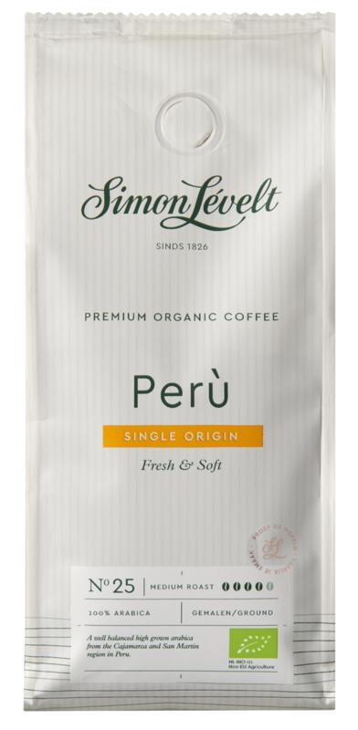 Simon Levelt Peru Tunki organic coffee in 250g package, featuring a Snelfilter bio blend from the Simon Levelt coffee collection.