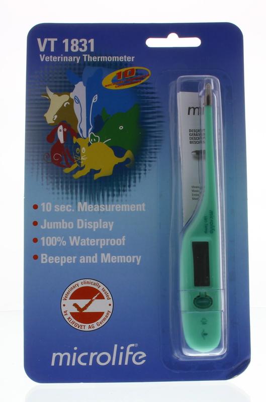 Microlife veterinary thermometer 1831 with digital display, used for animal temperature measurement, shown in the image.