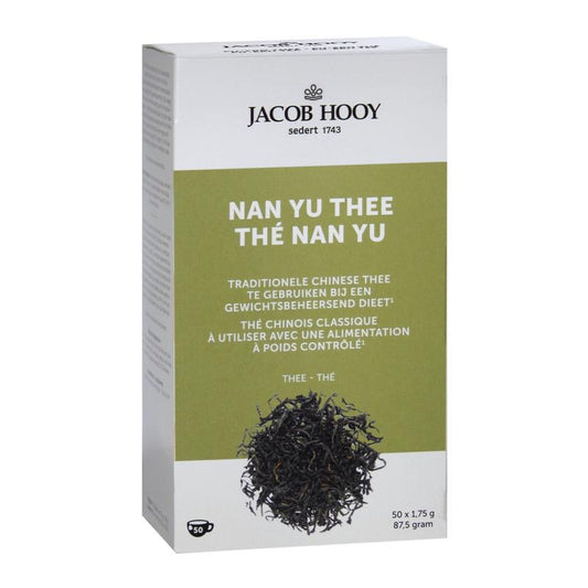 Jacob Hooy Nan Yu tea bags in a box, featuring 50 tea bags for brewing traditional herbal tea.