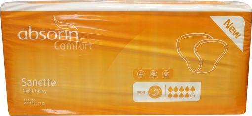 Absorin Comfort Sanette night incontinence pads, heavy absorbency, pack of 21, shown in a box with individual pads.