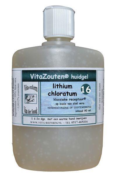 Vitazouten Lithium Chloratum huidgel nr. 16 in 90ml tube, skincare product for body care, with a white and blue packaging design.