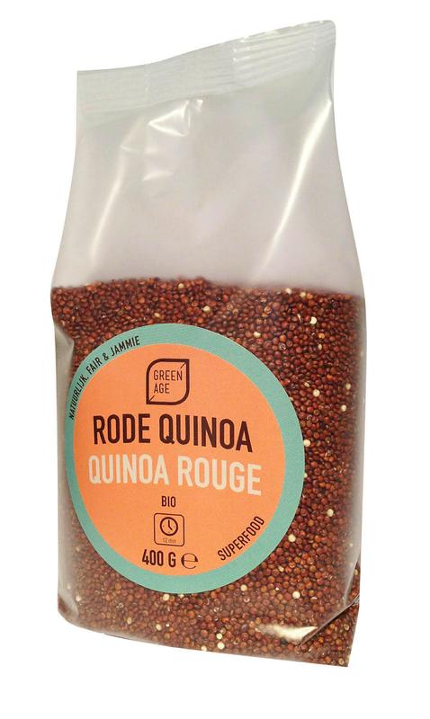 Greenage organic green quinoa raw superfood in 400g package, close-up of the raw quinoa grains.