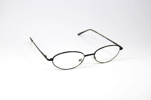 Melleson Eyewear universal black reading glasses with +1.00 magnification, shown in close-up.