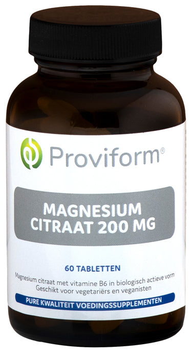 Proviform Magnesium Citrate 200 mg and B6 mineral tablets, showing a bottle of dietary supplements with tablets inside.