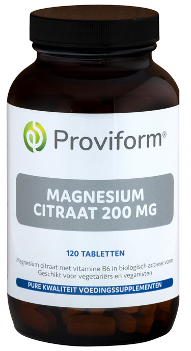 Proviform Magnesium Citrate 200 mg and B6 mineral tablets, light-colored round tablets on a white background.
