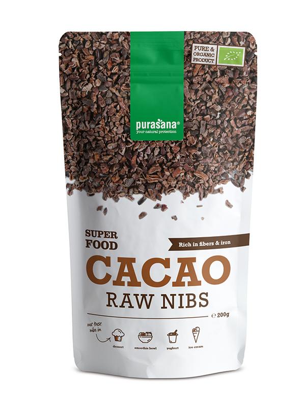 Purasana vegan organic cacao nibs in a 200g package, raw superfood with crunchy chocolatey pieces on a white background.