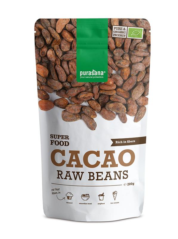 Purasana vegan organic cacao beans in a 200g package, raw superfood product with dark brown cacao beans visible in the image.