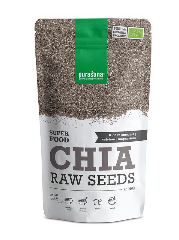 Purasana vegan organic chia seeds in a 200-gram package, raw superfood with small black seeds in a clear plastic bag.
