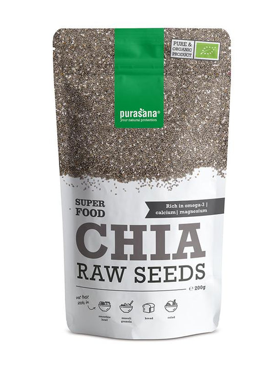 Purasana vegan organic chia seeds in a 200-gram package, raw superfood with small black seeds in a clear plastic bag.