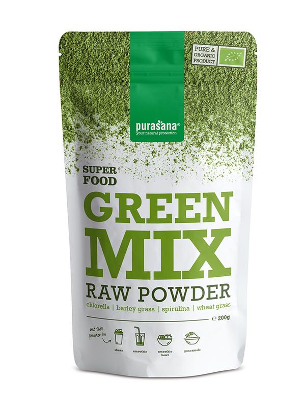 Purasana Green Mix vegan bio superfood powder in a 200g package, featuring a vibrant green blend of raw superfoods.
