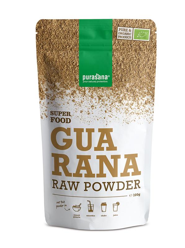 Purasana vegan organic guarana powder in a 100g package, raw superfood with small brown powder and fresh plant label.
