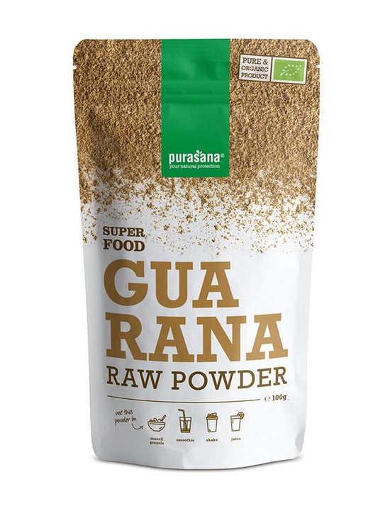 Purasana vegan organic guarana powder in a 100g package, raw superfood with small brown powder and fresh plant label.