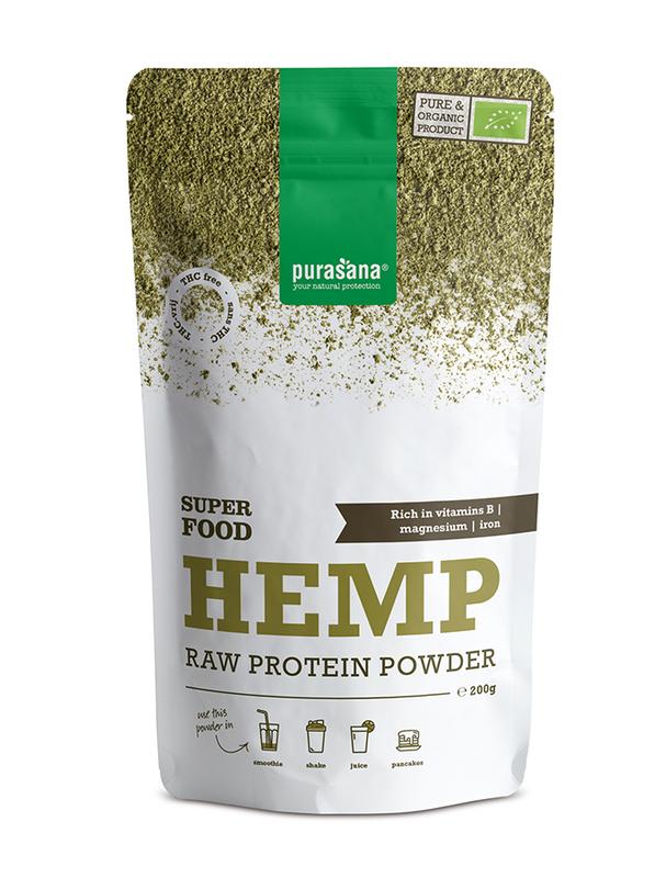 Purasana vegan organic hemp protein powder in 200g package, raw superfood supplement with hemp seeds and natural texture.