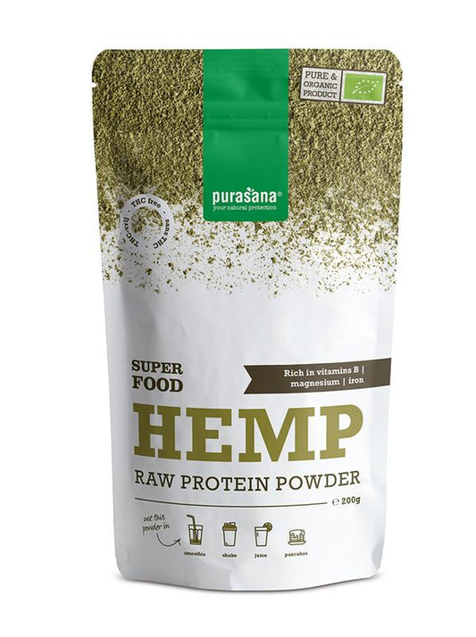Purasana vegan organic hemp protein powder in 200g package, raw superfood supplement with hemp seeds and natural texture.