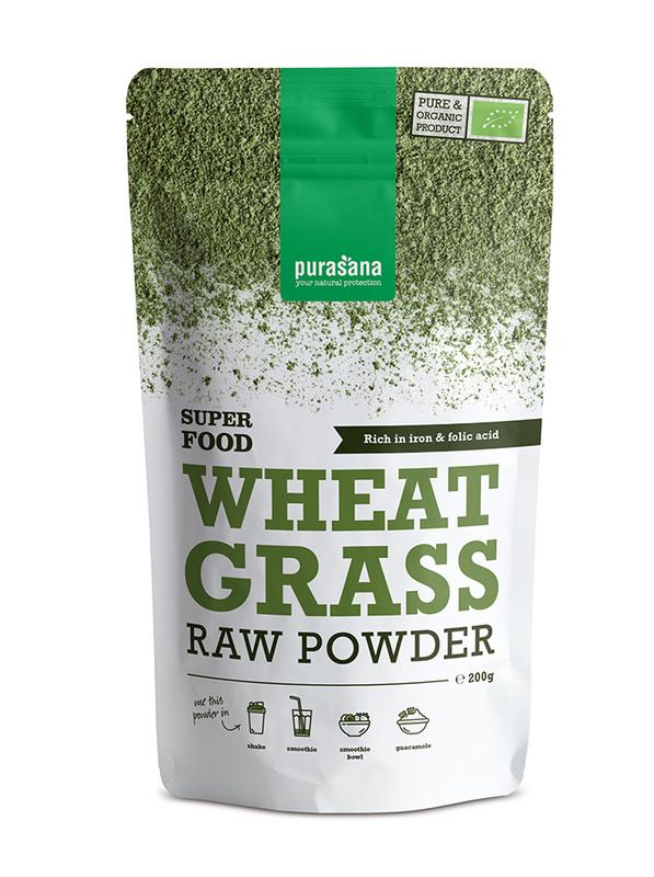 Purasana organic wheatgrass powder in a 200g package, raw vegan superfood with vibrant green powder in a resealable bag.