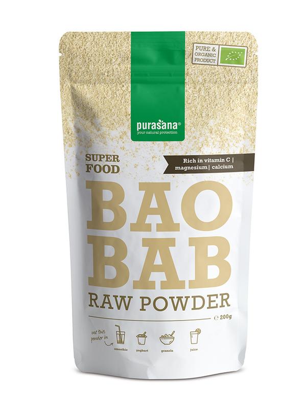 Purasana vegan bio Baobab powder in a 200g package, raw superfood with natural dried Baobab fruit powder.