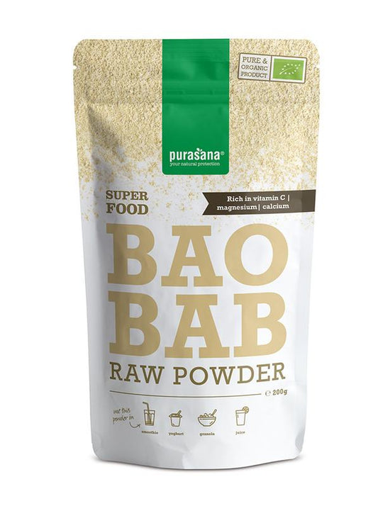 Purasana vegan bio Baobab powder in a 200g package, raw superfood with natural dried Baobab fruit powder.